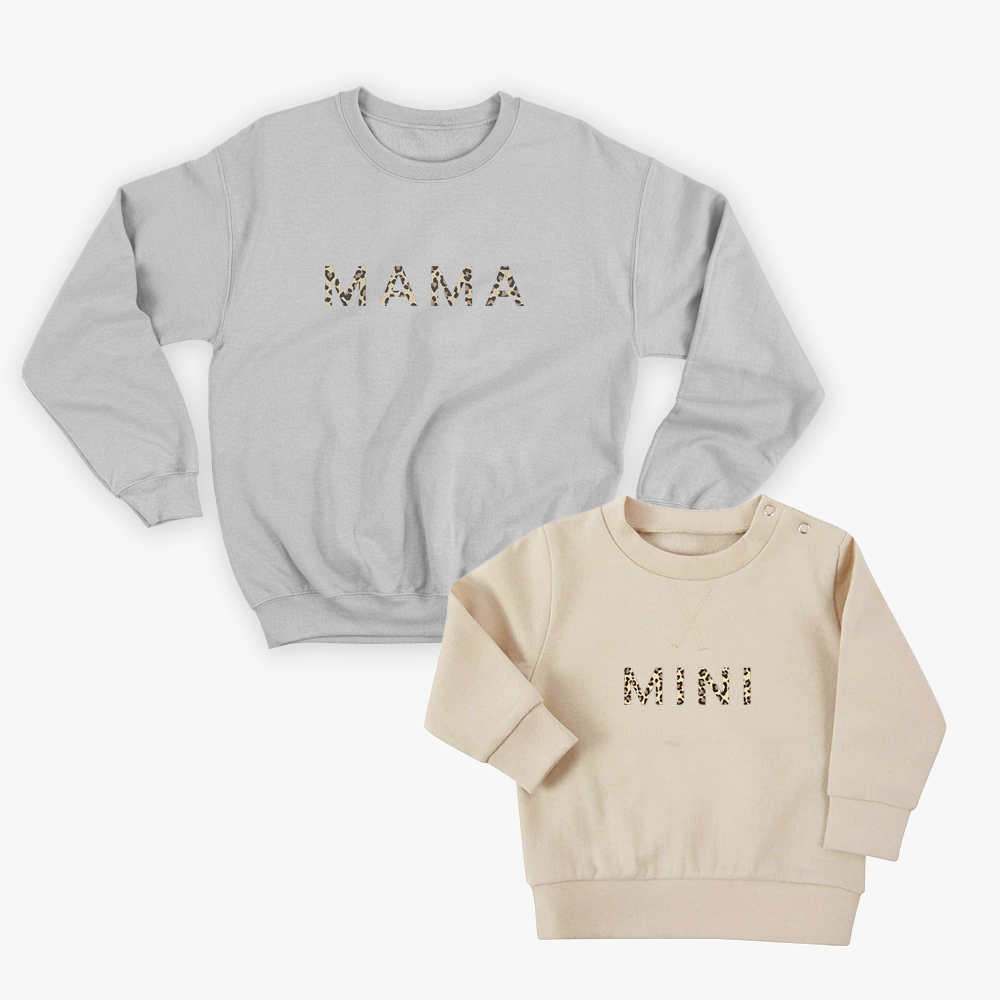 Sweatshirt Set grau/beige mit Leoprint "Mama" & "Mini"